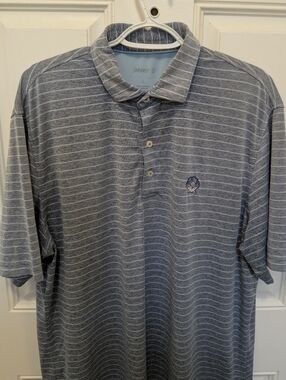 Johnnie-O Men’s Large Performance Polo Shirt Blue Striped Shell Logo Golf